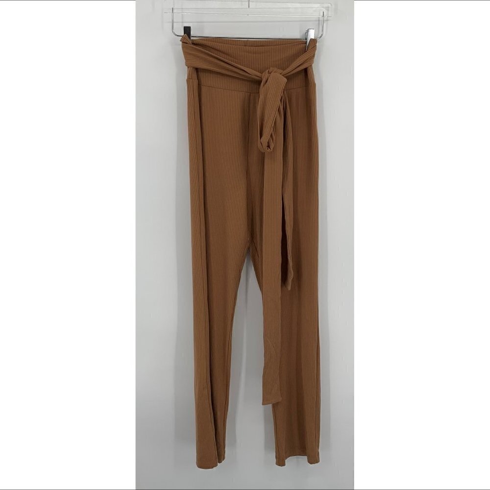 Reformation Kassia ribbed knit pants camel tan belt high rise stretch new Small